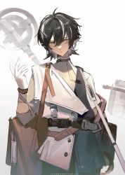 Rule 34 | 1boy, :|, arknights, bag, belt, black belt, black hair, brown bag, buttons, chinese commentary, closed mouth, coat, commentary request, cowboy shot, dadijiji, gloves, grey shirt, hair between eyes, highres, infection monitor (arknights), male focus, minimalist (arknights), multicolored hair, pointy ears, shirt, short hair, staff, streaked hair, white coat, white gloves, white hair, yellow eyes
