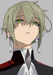 Rule 34 | 1boy, androgynous, ascot, asticassia school uniform, cactus ovo, earrings, elan ceres, expressionless, eyelashes, from below, green eyes, green hair, grey background, gundam, gundam suisei no majo, hair between eyes, hair over eyes, highres, jewelry, looking down, male focus, school uniform, shaded face, short hair, shoulder boards, sidelocks, simple background, tassel, tassel earrings, upper body, white ascot
