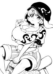 Rule 34 | 1girl, absurdres, animal ears, breasts, cabbie hat, cleavage, closed mouth, eating, food, hat, high contrast, highres, himajin noizu, holding, holding food, huge breasts, kine, looking at viewer, mallet, monochrome, navel, plump, rabbit ears, rabbit girl, ringo (touhou), shirt, short hair, shorts, simple background, solo, striped clothes, striped shorts, touhou