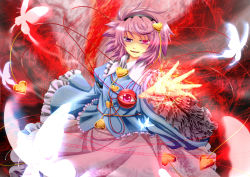 Rule 34 | 1girl, absurdres, archienemy, bug, butterfly, eyeball, female focus, glowing, glowing eye, heart, highres, bug, komeiji satori, magic circle, open mouth, outstretched hand, purple eyes, purple hair, revision, short hair, smile, solo, touhou