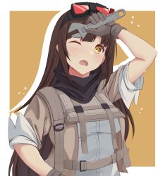 Rule 34 | 1girl, act (xadachit), breasts, brown hair, girls&#039; frontline, girls&#039; frontline 2: exilium, goggles, goggles on head, highres, long hair, mayling shen (girls&#039; frontline 2), medium breasts, scarf, short sleeves, simple background, sweat, wrench