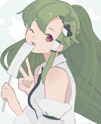 Rule 34 | 1girl, ;d, bad id, bad twitter id, collared shirt, detached sleeves, frog hair ornament, gohei, green hair, hair ornament, highres, japanese clothes, kochiya sanae, long hair, looking at viewer, miko, nontraditional miko, one-hour drawing challenge, one eye closed, open mouth, red eyes, shirt, simple background, sleeveless, sleeveless shirt, smile, solo, surumeri (baneiro), touhou, v, white shirt, wide sleeves