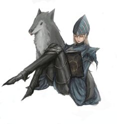 Rule 34 | 1girl, absurdres, black eyes, blonde hair, book, closed eyes, closed mouth, commentary, dark souls (series), dark souls i, darksign (dark souls), grey fur, highres, lord&#039;s blade ciaran, open book, satsu-strive, simple background, sitting, white background, wolf