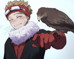 Rule 34 | 1boy, animal on arm, bird, bird on arm, black coat, boku no hero academia, brown eyes, brown hair, coat, dirty, dirty face, earrings, fur collar, gloves, goggles, goggles on head, grin, hawk, hawks (boku no hero academia), jewelry, looking at viewer, male focus, pon52io, red gloves, scar, scar on face, short hair, smile, solo, upper body, white background
