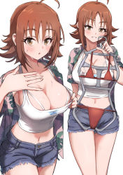 Rule 34 | 1girl, :o, absurdres, ahoge, bikini, blue shorts, blush, breasts, brown eyes, brown hair, cleavage, clothes hanger, commentary request, crop top, denim, denim shorts, grin, hand up, hawaiian shirt, highres, holding, idolmaster, idolmaster cinderella girls, large breasts, looking at viewer, midriff, multiple views, navel, nishijima kai, open clothes, open shirt, parted lips, pizzasi, red bikini, shirt, short shorts, short sleeves, shorts, simple background, smile, sweat, swimsuit, tank top, white background, white tank top