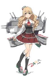 Rule 34 | 10s, 1girl, anchor, ascot, bad id, bad pixiv id, bare shoulders, black footwear, blonde hair, boots, braid, breasts, brown eyes, brown pantyhose, character name, corset, french braid, full body, hat, kantai collection, large breasts, long hair, looking at viewer, machinery, mini hat, miniskirt, pantyhose, red skirt, shirt, simple background, skirt, smile, solo, ume (plumblossom), wavy hair, white background, white shirt, zara (kancolle)