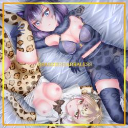 Rule 34 | 2girls, animal ears, animal print, arm rest, arm up, black jaguar (kemono friends), blonde hair, blue eyes, bra, bra slip, breasts, cleavage, closed mouth, commentary request, elbow gloves, english text, from above, fur scarf, furrowed brow, gloves, graphite (medium), hair between eyes, hand on another&#039;s leg, highres, jaguar (kemono friends), jaguar ears, jaguar print, jaguar tail, kemono friends, looking at viewer, looking up, lying, medium breasts, medium hair, miniskirt, multicolored hair, multiple girls, nipples, no bra, on back, open clothes, open mouth, open shirt, print gloves, print legwear, print skirt, purple hair, scarf, see-through, shirt, short sleeves, skirt, tail, thighhighs, towofuya, traditional media, underwear, white hair, white shirt, yellow eyes, zettai ryouiki