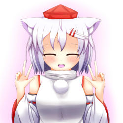 Rule 34 | 1girl, absurdres, animal ears, bare shoulders, blush, breasts, detached sleeves, double v, closed eyes, fang, hair ornament, hairclip, happy, hat, highres, inubashiri momiji, medium breasts, oohirakeisuke, open mouth, pom pom (clothes), short hair, silver hair, solo, tokin hat, touhou, v, wolf ears