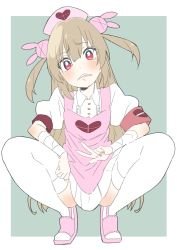 Rule 34 | 1girl, absurdres, apron, bad id, bad twitter id, bandages, blonde hair, rabbit hair ornament, clenched teeth, donguri suzume, hair between eyes, hair ornament, hat, heart, highres, long hair, looking at viewer, nail polish, natori sana, nurse cap, pink nails, pleated skirt, red eyes, sana channel, skirt, slippers, solo, spread legs, squatting, teeth, thighhighs, tiptoes, two side up, very long hair, virtual youtuber, w, white thighhighs