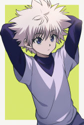 Rule 34 | 1boy, arms behind head, arms up, asada hachi, blue eyes, blue shirt, border, closed mouth, commentary, green background, hair between eyes, highres, hunter x hunter, killua zoldyck, layered sleeves, long sleeves, looking to the side, male focus, messy hair, outside border, purple shirt, shirt, short hair, short over long sleeves, short sleeves, simple background, solo, t-shirt, turtleneck, twitter username, upper body, watermark, white border