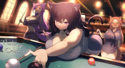Rule 34 | 3girls, = =, absurdres, ahoge, animal ears, ball, bent over, billiard ball, billiards, black hair, blush, breasts, brown hair, cat ears, cat tail, character request, copyright request, crop top, cue stick, dark skin, dress, grey shirt, highres, indoors, large breasts, long hair, looking at viewer, midriff, multiple girls, navel, nose blush, ohako (ohako1818), pool table, purple dress, purple eyes, purple hair, shirt, short shorts, shorts, stomach, table, tail, window