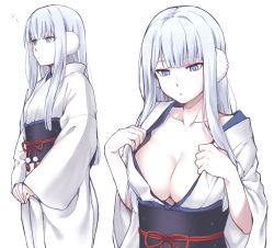 Rule 34 | 1girl, blue eyes, blunt bangs, breasts, cleavage, collarbone, commentary request, earmuffs, expressionless, highres, japanese clothes, kimono, long hair, medium breasts, multiple views, original, parted lips, sash, silver hair, simple background, undressing, upper body, very long hair, white background, white kimono, wide sleeves, yagi (ningen), yuki onna, yukimi (yagi)
