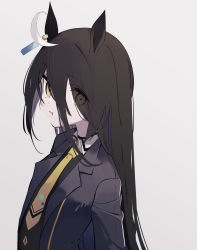 Rule 34 | 1girl, :t, ahoge, animal ears, black jacket, black shirt, closed mouth, collared shirt, eyes visible through hair, grey background, hair over one eye, highres, horse ears, jacket, long hair, looking at viewer, manhattan cafe (umamusume), necktie, open clothes, open jacket, pout, print necktie, shirt, simple background, solo, star (symbol), star print, tetuw, umamusume, upper body, very long hair, yellow necktie