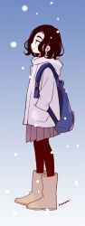 Rule 34 | 1girl, backpack, bag, black hair, black pantyhose, boots, brown footwear, closed mouth, commentary request, from side, full body, gradient background, grey jacket, hand in pocket, himawari-san, hood, hood down, hooded jacket, jacket, medium hair, minami ami, pantyhose, pleated skirt, school bag, school uniform, signature, skirt, smile, snowing, solo, standing, sugano manami, thick eyebrows, wavy hair