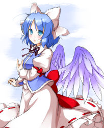 Rule 34 | 1girl, :o, aka tawashi, angel wings, arm under breasts, back bow, blue eyes, blue hair, blue vest, blush, bow, breasts, collared shirt, commentary request, feathered wings, frilled skirt, frills, hair bow, highres, juliet sleeves, long sleeves, mai (touhou), pink bow, pink shirt, pink skirt, puffy sleeves, red bow, red ribbon, ribbon, ribbon-trimmed skirt, ribbon trim, shirt, short hair, skirt, small breasts, touhou, touhou (pc-98), vest, white wings, wings