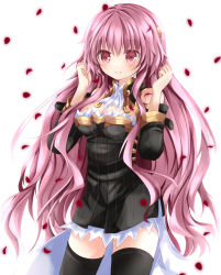 Rule 34 | 1girl, bad id, bad pixiv id, bare shoulders, black dress, black thighhighs, blush, breasts, cleavage cutout, clothing cutout, cropped legs, dress, eina (summon night), hands up, long hair, looking at viewer, nanase nao, petals, pink eyes, pink hair, short dress, simple background, smile, solo, summon night, summon night ex-thesis, thighhighs, white background, zettai ryouiki