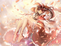 Rule 34 | 1girl, backlighting, bare legs, barefoot, bow, brown eyes, brown hair, commentary, detached sleeves, expressionless, floating, frilled skirt, frills, hakurei reimu, holding, long hair, long skirt, looking at viewer, midriff, navel, petals, ponytail, red skirt, ribbon, sishenfan, skirt, solo, sunlight, touhou, transparent, wind, yin yang