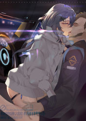 Rule 34 | 1boy, 1girl, alternate costume, arknights, beard, black coat, black gloves, brown hair, car, car interior, character name, closed eyes, coat, cowgirl position, doctor (arknights), faceless, faceless male, facial hair, feet out of frame, french kiss, girl on top, gloves, grey coat, hair between eyes, hair ornament, hairclip, hetero, highres, hongbaise raw, kiss, lens flare, long hair, long sleeves, motor vehicle, night, no pants, open clothes, open coat, open mouth, purple hair, saliva, sex, short hair, sitting, straddling, thigh strap, watermark, whisperain (arknights), x hair ornament