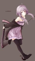 Rule 34 | 1girl, ahoge, bare shoulders, black thighhighs, blade, boots, collarbone, dress, expressionless, full body, highres, holding, holding weapon, hood, hoodie, itituki, knife, long hair, looking at viewer, off shoulder, purple eyes, purple hair, running, short hair with long locks, simple background, solo, thighhighs, twintails, vocaloid, voiceroid, weapon, yuzuki yukari