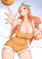 Rule 34 | 1girl, breasts, brown eyes, cleavage, food, fruit, highres, large breasts, long hair, mandarin orange, nami (one piece), one piece, orange hair, overalls, shoulder tattoo, simple background, solo, tattoo, teeth, user yupz2223, white background