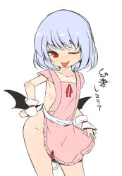 Rule 34 | 1girl, apron, bat wings, blue hair, blush, collarbone, female focus, groin, looking at viewer, naked apron, one eye closed, red eyes, remilia scarlet, shamo (koumakantv), short hair, solo, tongue, tongue out, touhou, translation request, white background, wings, wink, wrist cuffs