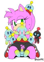 Rule 34 | 1girl, aku tojyo, amy rose, anal, chao (sonic), dark chao, green eyes, group sex, looking at viewer, paizuri, penis, pink fur, pussy, reverse cowgirl position, sex, sex from behind, sonic (series), straddling, testicles, torn clothes, uncensored