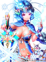 Rule 34 | 1girl, aile (crossroads), blue hair, blush, breasts, capelet, copyright name, fur trim, gem, jewelry, junketsu duelion, kiona moroz, large breasts, looking at viewer, lots of jewelry, midriff, navel, official art, purple eyes, smile, snowflakes, solo, sword, weapon