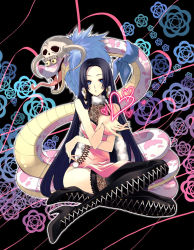 Rule 34 | 1girl, bandana, blue eyes, boa hancock, boots, earrings, female focus, flower, highres, horns, jewelry, long hair, looking at viewer, one piece, salome (one piece), side slit, sitting, skull, snake