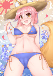 Rule 34 | 10s, 1girl, animal ears, bikini, blue bikini, blush, breasts, cleavage, ears through headwear, fate/extra, fate/extra ccc, fate/grand order, fate (series), fox ears, fox tail, hat, large breasts, long hair, looking at viewer, navel, pink hair, solo, swimsuit, tail, tamamo (fate), tamamo no mae (fate/extra), tamamo no mae (swimsuit lancer) (fate), unico kasumi, yellow eyes
