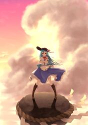 Rule 34 | 1girl, black headwear, blue hair, blue skirt, boots, bow, bowtie, brown footwear, closed mouth, cloud, commentary, crossed arms, food, frilled skirt, frills, fruit, highres, hinanawi tenshi, kanpa (campagne 9), keystone, long hair, looking at viewer, outdoors, peach, red bow, red bowtie, red eyes, rope, shimenawa, shirt, short sleeves, skirt, smile, solo, touhou, white shirt