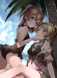 Rule 34 | 10s, 2girls, absurdres, ass, ayase eli, beach, bikini, black bikini, black one-piece swimsuit, blonde hair, blue eyes, blush, bow, brown hair, casual one-piece swimsuit, cloud, coconut tree, couple, day, floral print, frilled bikini, frilled swimsuit, frills, hair bow, hair ornament, hairclip, hand on another&#039;s chin, highres, kosaka honoka, legs, long hair, love live!, love live! school idol project, md5 mismatch, multiple girls, navel, one-piece swimsuit, one side up, open clothes, open mouth, open shirt, outdoors, palm tree, ponytail, print shirt, sanka!, shirt, sky, swimsuit, tree, yuri