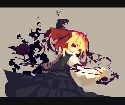 Rule 34 | 1girl, ascot, black skirt, black vest, blonde hair, darkness, hair ribbon, outstretched arms, pixel art, pixelated, red ascot, red eyes, ribbon, rumia, short hair, skirt, skirt set, solo, tea basira, touhou, vest
