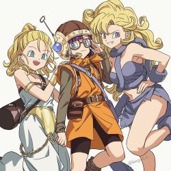 Rule 34 | 3girls, antennae, armlet, ayla (chrono trigger), baggy pants, bare shoulders, belt, bike shorts, black shorts, blonde hair, blue eyes, blunt bangs, blunt ends, boots, bracer, breasts, brown belt, cavewoman, chain, chrono trigger, closed mouth, cowboy shot, crop top, curly hair, fur boots, fur scarf, fur shirt, fur skirt, fur wrist cuffs, glass, gold chain, gold choker, gold trim, grey eyes, grey scarf, grey shirt, grey skirt, grey socks, grin, hand on another&#039;s shoulder, hand on own hip, headset, helmet, hosodayo, long hair, long sleeves, lucca ashtear, marle (chrono trigger), medium breasts, midriff, miniskirt, multiple girls, navel, neckerchief, open mouth, orange neckerchief, orange tunic, pants, ponytail, purple hair, quiver, salute, scarf, shirt, short hair, shorts, skirt, smile, socks, strapless, tail, teeth, tube top, twitter username, white background, white romper