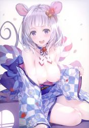 Rule 34 | 1girl, absurdres, animal ears, arm support, armpits, bare shoulders, bell, blush, breasts, collarbone, comic aun, detached collar, fingernails, floral print, gradient background, hair ornament, highres, japanese clothes, jingle bell, kimono, looking at viewer, medium breasts, misaki kurehito, mouse ears, mouse tail, nipples, obi, open mouth, petals, purple eyes, rope, sash, scan, shiny skin, short hair, simple background, sitting, sleeves past wrists, smile, solo, tail, white hair, wide sleeves