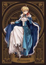 Rule 34 | 1girl, absurdres, ahoge, alternate breast size, apple, armored boots, artoria pendragon (all), artoria pendragon (fate), blonde hair, blue cape, blue eyes, blue ribbon, boots, braid, braided bun, breasts, cape, cleavage, dress, fate/stay night, fate (series), food, fruit, full body, fur-trimmed cape, fur trim, grey footwear, hair between eyes, hair bun, hair ribbon, highres, holding, holding food, holding fruit, invisible chair, long dress, looking at viewer, medium breasts, open mouth, red apple, ribbon, saber (fate), short hair, sitting, solo, zerocastle