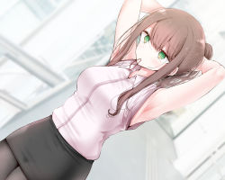 Rule 34 | 1girl, armpits, bare arms, black pantyhose, blush, breasts, brown hair, collared shirt, commentary request, green eyes, hair tie in mouth, holding, holding own hair, large breasts, long hair, looking afar, mouth hold, office lady, ol-chan (oouso), oouso, original, pantyhose, pencil skirt, ponytail, shirt, short sleeves, sidelocks, skirt, sleeveless, sleeveless shirt, solo, sweat, white shirt