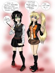 Rule 34 | 2girls, black hair, black jacket, black legwear, black skirt, blonde hair, blue eyes, blush, boots, breasts, brown skirt, cleavage, collarbone, crossover, english text, facial mark, facing another, facing viewer, fluffy-fuzzy-ears, full body, genderswap, genderswap (mtf), glasses, green eyes, hair between eyes, hair tie, hand on own hip, hand up, happy, harry potter, harry potter (series), holding, holding wand, jacket, jewelry, loafers, long hair, long sleeves, looking at another, looking at viewer, medium breasts, medium hair, midriff, miniskirt, multicolored clothes, multicolored jacket, multiple girls, naruko (naruto), naruto, naruto (series), naruto shippuuden, necklace, necktie, open clothes, open jacket, open mouth, orange jacket, sandals, scar, scar on face, scar on forehead, school uniform, shirt, shoes, short hair, skirt, smile, socks, speech bubble, standing, talking, tank top, tongue, translated, twintails, uzumaki naruto, very long hair, wand, whisker markings, whiskers, white shirt, wizarding world