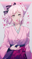 Rule 34 | 1girl, ahoge, bow, collarbone, fate (series), flower, flower on mouth, flower over mouth, gina 61324, grey bow, grey eyes, hair bow, hakama, hakama skirt, highres, japanese clothes, kimono, koha-ace, long sleeves, looking at viewer, okita souji (fate), okita souji (koha-ace), pink hair, pink kimono, red hakama, short hair, skirt, solo, standing