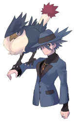 Rule 34 | 1boy, absurdres, bird, black shirt, blue eyes, blue headwear, blue jacket, buttons, closed mouth, commentary request, creatures (company), game freak, gen 4 pokemon, hat, highres, honchkrow, jacket, jewelry, korean commentary, long sleeves, male focus, necklace, nintendo, pokemon, pokemon (creature), pokemon dppt, pokemon on arm, redlhzz, riley (pokemon), shirt, short hair, smile, spiked hair, split mouth, upper body, white background