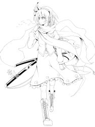 Rule 34 | 1girl, boots, female focus, flask (pandora), flower, frills, gloves, greyscale, hairband, highres, katana, konpaku youmu, konpaku youmu (ghost), lineart, monochrome, over-kneehighs, scarf, sheath, short hair, solo, sword, thighhighs, touhou, weapon, zettai ryouiki