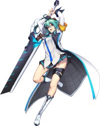 Rule 34 | 1girl, aqua hair, boots, chaos online, fang, full body, highres, huge weapon, knee boots, love cacao, mazenda (chaos online), official art, open mouth, pleated skirt, purple eyes, skirt, solo, stuffed animal, stuffed toy, teddy bear, teddy bear hair ornament, transparent background, weapon, white footwear