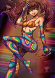 Rule 34 | absurdres, barefoot, bikini, breasts, cleavage, colored skin, earrings, evil smile, fingernails, highres, jewelry, kujikawa rise, long fingernails, multicolored skin, navel, persona, persona 4, pole, pole dancing, shadow (persona), shadow rise, side-tie bikini bottom, smile, solo, stomach, stripper, stripper pole, swimsuit, toasty scones, toes, transformation, twintails, yellow bikini, yellow eyes
