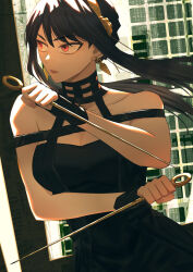 Rule 34 | 1girl, bare shoulders, black dress, black hair, breasts, brownie (bulangnii), cleavage, dagger, dress, dual wielding, earrings, gold hairband, hairband, highres, holding, jewelry, knife, long hair, medium breasts, red eyes, sidelocks, solo, spy x family, stiletto (weapon), weapon, yor briar