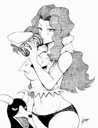 Rule 34 | 1girl, absurdres, adjusting hair, bare arms, bare shoulders, beer can, blush, breasts, camisole, can, chouku tetsushitsuiwa, cleavage, collarbone, cowboy shot, creatures (company), crop top, dog, drink can, drinking, elite four, floral print, game freak, gen 2 pokemon, greyscale, groin, hair intakes, hands up, highres, holding, holding can, horns, houndoom, karen (pokemon), large breasts, long hair, looking at another, looking at viewer, midriff, monochrome, navel, nintendo, open mouth, panties, pokemon, pokemon (creature), pokemon hgss, signature, simple background, smirk, snout, spaghetti strap, stomach, strap slip, towel, towel around neck, twitter username, underwear, white background, wide hips