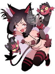 1girl animal_ears blush claw_pose commentary_request cosplay creatures_(company) eyelashes fang fate/grand_order fate_(series) game_freak gen_7_pokemon litten looking_at_viewer mash_kyrielight mash_kyrielight_(dangerous_beast) mash_kyrielight_(dangerous_beast)_(cosplay) navel nintendo official_alternate_costume open_mouth pokemon pokemon_sm revealing_clothes selene_(pokemon) shiny_skin tail ter_(otokoter) thighhighs tongue