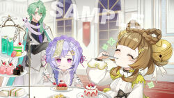 1boy 2girls :t alternate_costume baizhu_(genshin_impact) bell black_shirt blush bow-shaped_hair brown_hair cake changsheng_(genshin_impact) closed_eyes closed_mouth coin_hair_ornament dress eating food formal genshin_impact glass glasses gloves green_hair hair_bell hair_between_eyes hair_ornament hat highres holding holding_spoon long_hair long_sleeves medium_hair multiple_girls necktie ofuda pants pink_eyes purple_eyes purple_hair purple_necktie qingdai_guanmao qiqi_(genshin_impact) sample_watermark shirt smile snake spoon suit unagi_to_kame vest watermark white_dress white_gloves white_pants white_snake white_suit white_vest yaoyao_(genshin_impact)