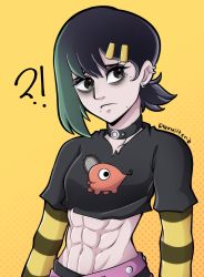 Rule 34 | 1girl, abs, absurdres, alternate costume, breasts, chainsaw man, choker, embarrassed, female focus, goth fashion, higashiyama kobeni, highres, kermittend, large breasts, looking at viewer, multicolored hair, muscular, muscular female, pants, shirt, short hair, solo, source request, spots