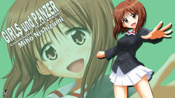 Rule 34 | 10s, 1girl, adosan, blush, brown eyes, brown hair, character name, copyright name, english text, foreshortening, girls und panzer, highres, jacket, long sleeves, looking at viewer, mikuri ouda, military, military uniform, miniskirt, nishizumi miho, open mouth, pleated skirt, skirt, smile, solo, standing, uniform, wallpaper, white skirt, zoom layer