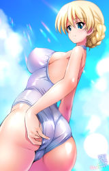 Rule 34 | 1girl, adjusting clothes, adjusting swimsuit, ass, back, blonde hair, blue eyes, blush, braid, breasts, cameltoe, cloud, covered erect nipples, darjeeling (girls und panzer), day, from behind, girls und panzer, highres, kamogawa tanuki, large breasts, looking at viewer, looking back, one-piece swimsuit, shiny clothes, shiny skin, short hair, smile, solo, standing, swimsuit, twin braids, white one-piece swimsuit