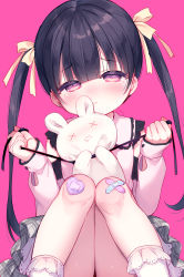 Rule 34 | 1girl, bandaid, bandaid on knee, bandaid on leg, black hair, blouse, blush, bow, closed mouth, collared shirt, commentary request, crossed bandaids, feet out of frame, frilled socks, frills, grey skirt, hair bow, half-closed eyes, head tilt, highres, holding, knees together feet apart, knees up, long hair, long sleeves, nose blush, original, pink background, plaid, plaid skirt, puffy long sleeves, puffy sleeves, purple eyes, shirt, simple background, sitting, skirt, sleeves past wrists, socks, solo, strangling, stuffed animal, stuffed rabbit, stuffed toy, tears, twintails, usashiro mani, very long hair, white shirt, white socks, yellow bow